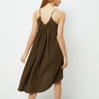 Khaki green ruched swing slip dress